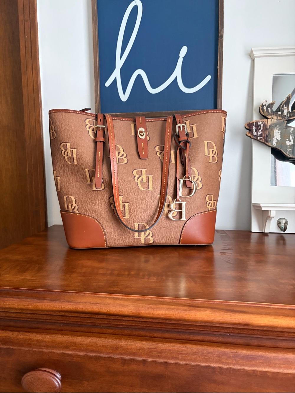 Dooney & Bourke Brown Monogram Tote with Leather Trim